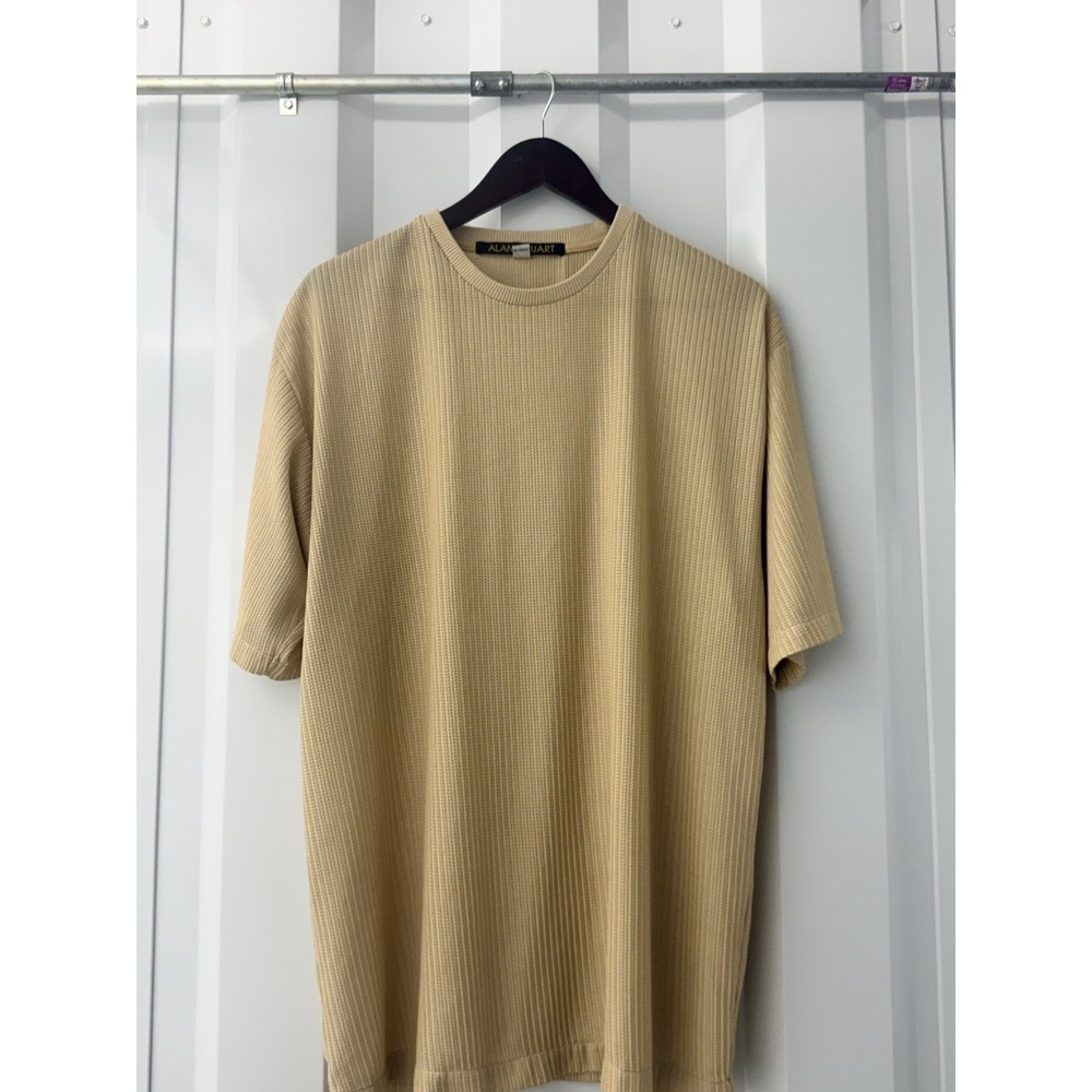 VTG Alan Stuart Shirt Mens Large L Tan Ribbed Textured Knit Crewneck Made in USA